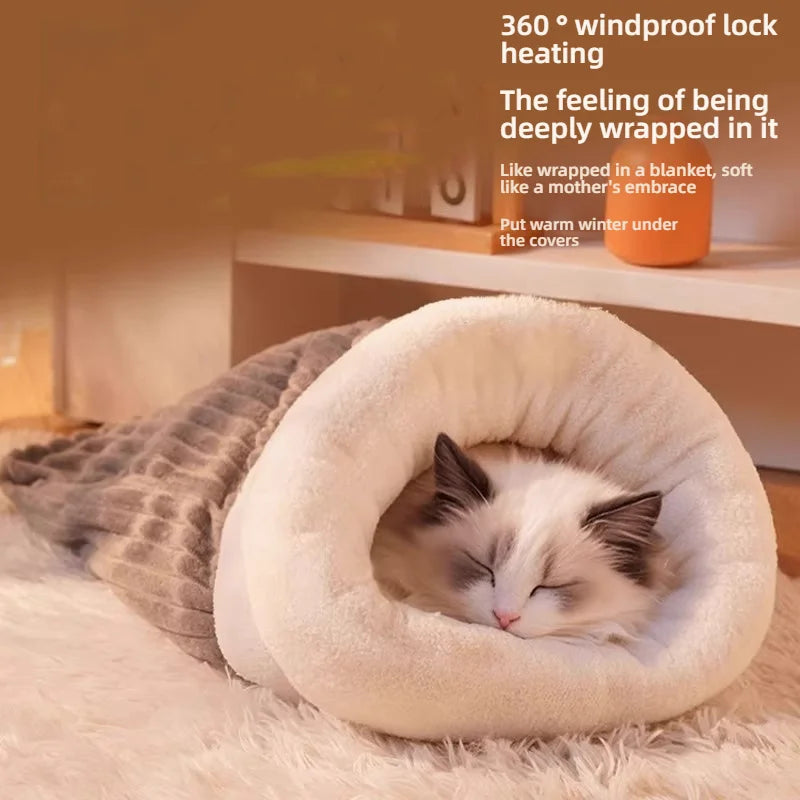 Winter Warm Enclosed Cat Sleeping Bag - Semi-Enclosed Cave Design for Kittens/Cats, Cozy Fleece Lined Pet Bed for Cold Weather,