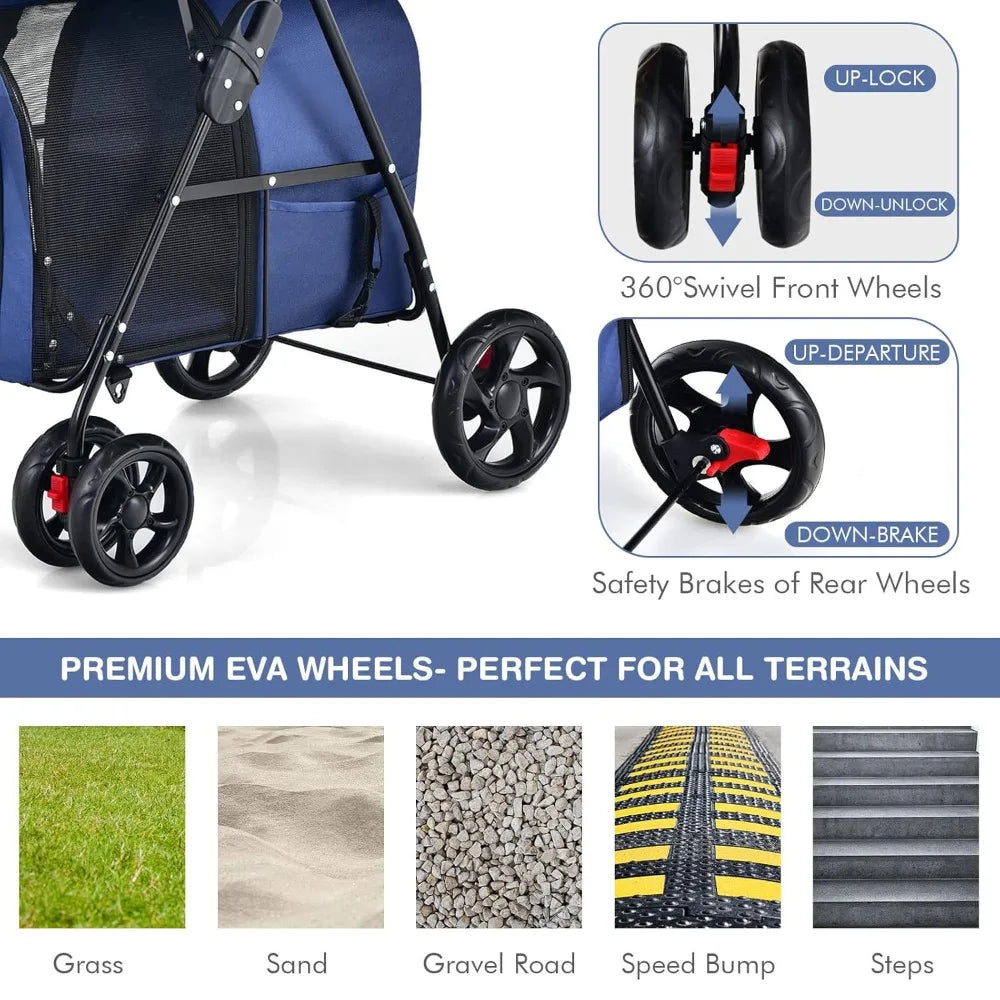 Double Pet Stroller with 2 Removable Carrying Bags, Safety Strap, 4 Lockable Wheels, Foldable Cat and Dog Stroller