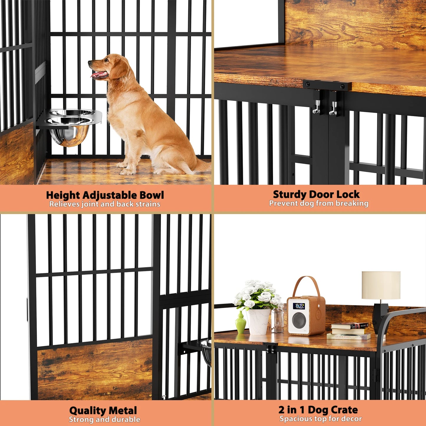 JDPAG Large Dog Crate, Dog Kennel Furniture Indoor with 2 Adjustable Bowls, Heavy Duty Dog Cage,