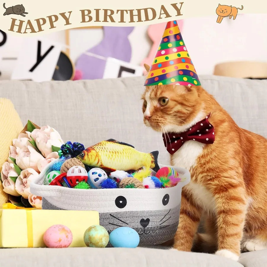 58 Pcs Cat Storage Basket Gift Toys Set Colorful Flashing Balls Pet Bell Crinkle Balls Spring Toys Attract Cat to Swat Bite Hun