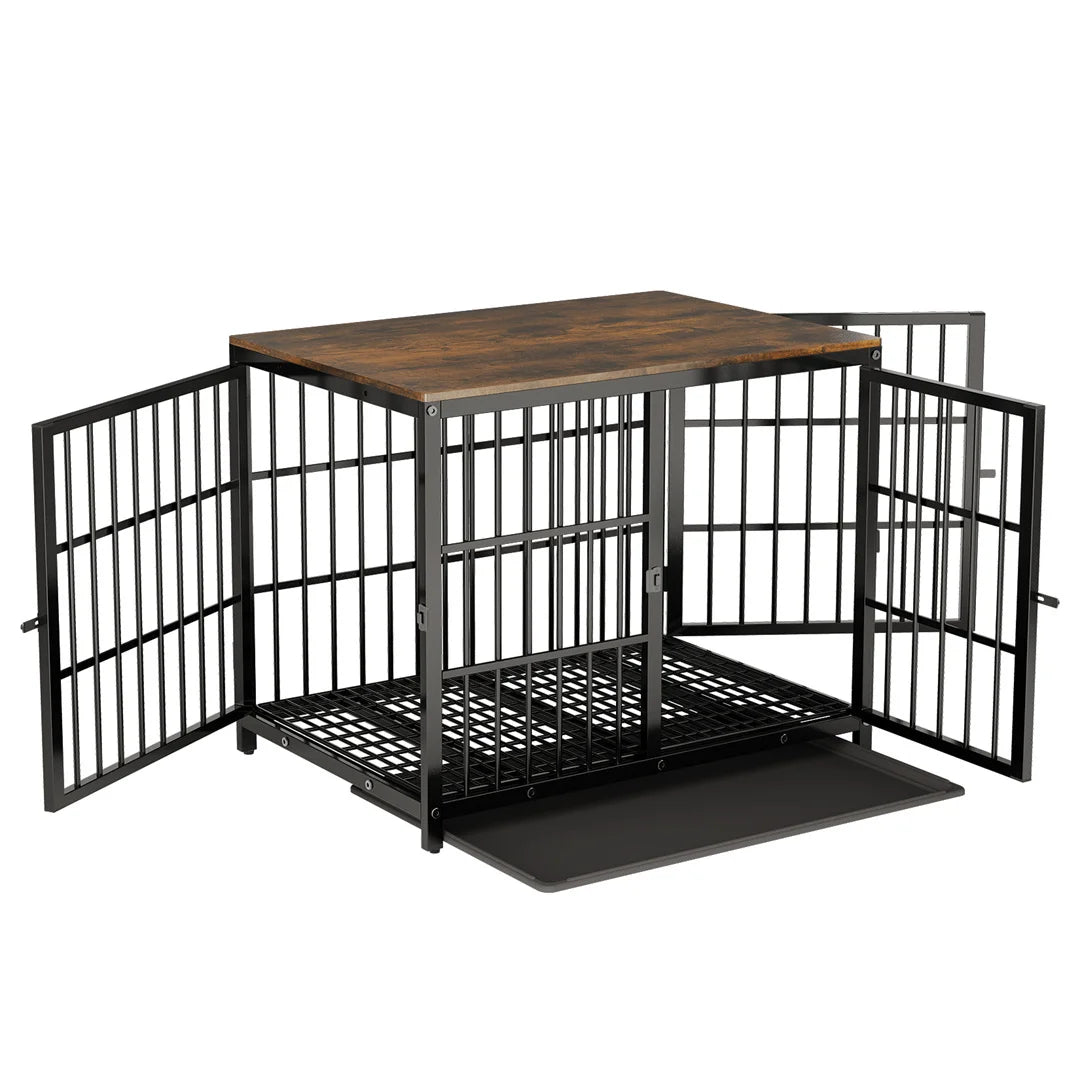 Furniture Style Dog Crate White Pet Kennel Black Cage End Table with Three Doors and Removable Tray, for Small Medium Large Dogs