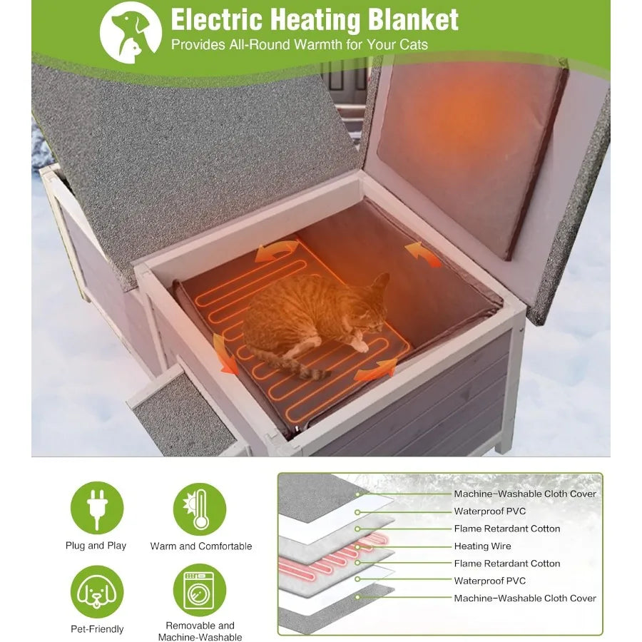 Heated Cat House for Outside Insulated Cat House Outdoor Weatherproof with Bite-Resistant Wires Electric Heating Mat 2 Access D