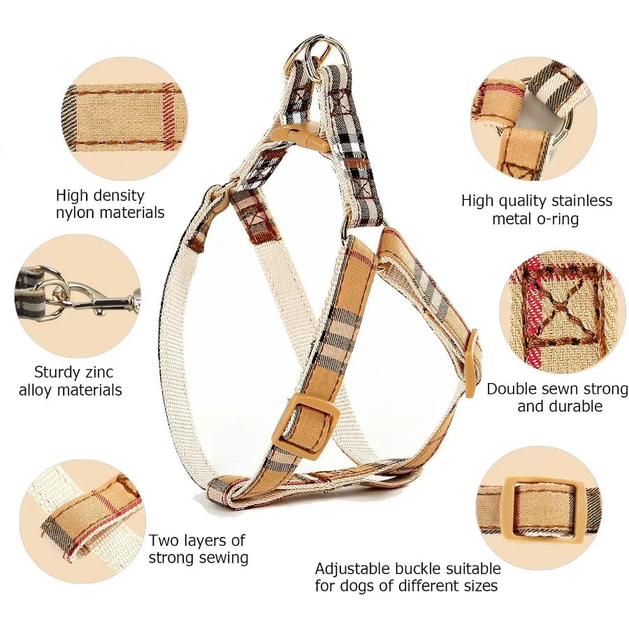 Cute Plaid Dog Collar Harness and Leash Set with Safety Buckle for Small Puppies Adjustable NoPull Design Comfortable and Durab