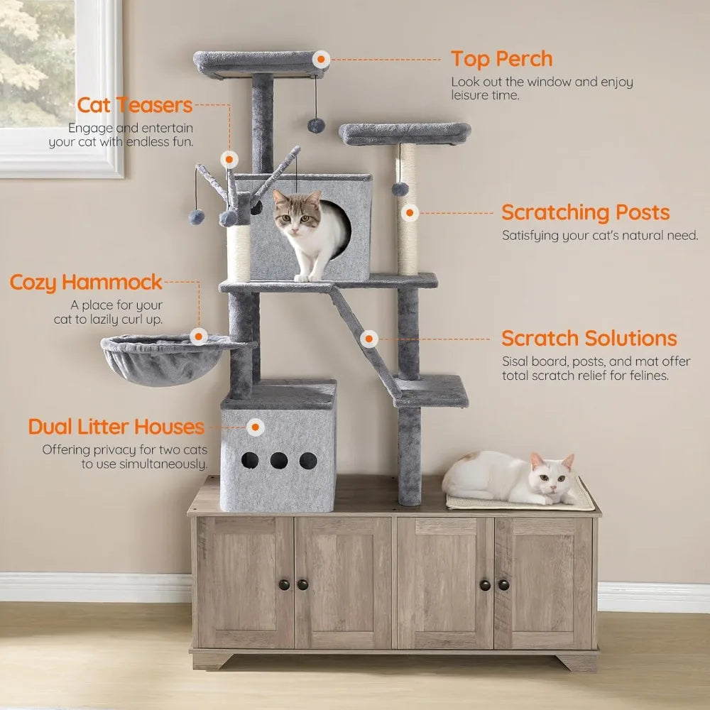 Double Litter Box Enclosure with Cat Tree, 45.3"L x 17.7"W x 68.9"H All-in-One Modern Cat Tower with Cat Bed, Hidden Litter Box