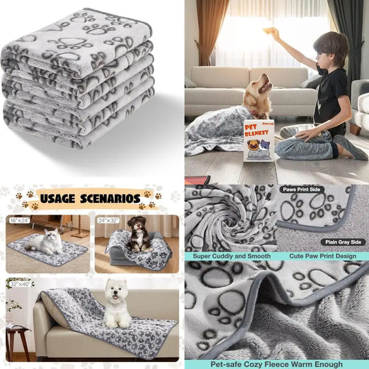 3 Pcs Soft Dog Blankets for Small Dogs, Washable Puppy Blanket for Cat Kitten Essentials, 24 * 16 Inches, Grey Cute Paw Print