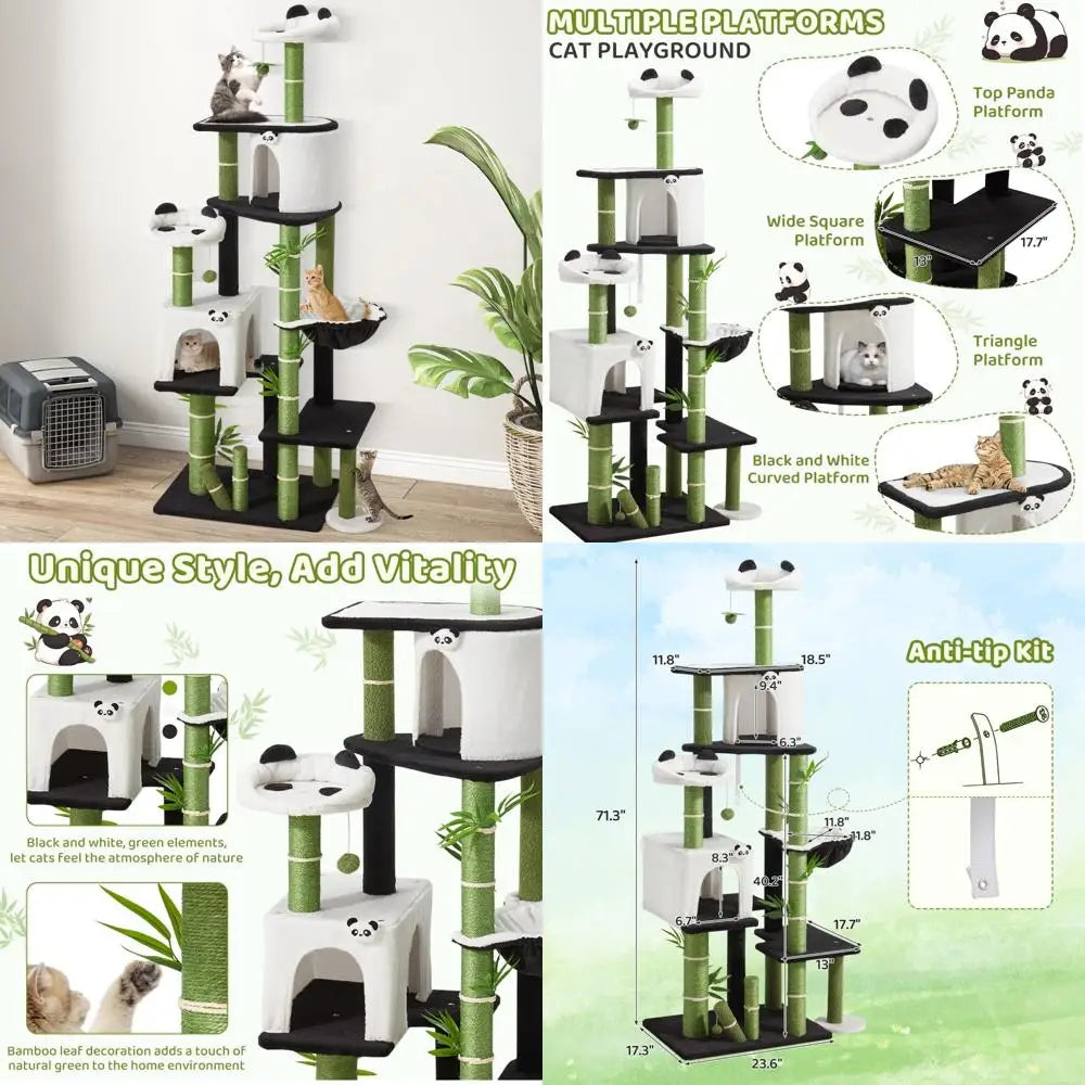 Indoor Cat Tower 71.3 Inches High with Panda Design, Spacious Kitty Condo and Sisal Scratching Posts for Cats