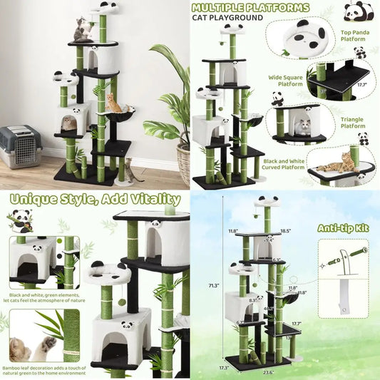 Indoor Cat Tower 71.3 Inches High with Panda Design, Spacious Kitty Condo and Sisal Scratching Posts for Cats