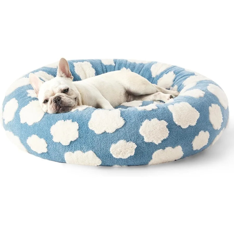 Medium Size Round Dog Bed for Indoor Use with Washable Cover and AntiSlip Bottom Modern Design Shaggy Plush Donut Pet Bed for C