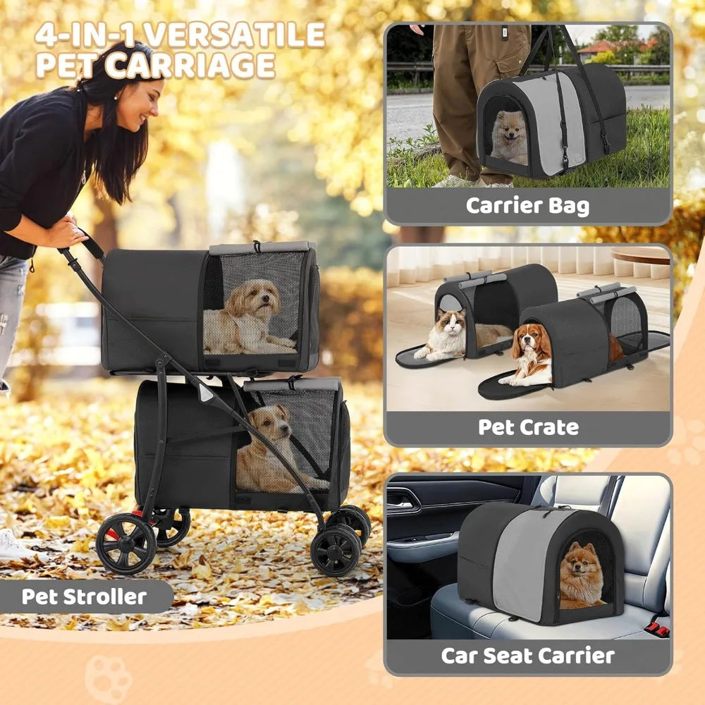 Double Dog Stroller with 2 Detachable Carrier Bags, 4-Wheel Folding Pet Travel Strolling Cart with Storage Pocket for S