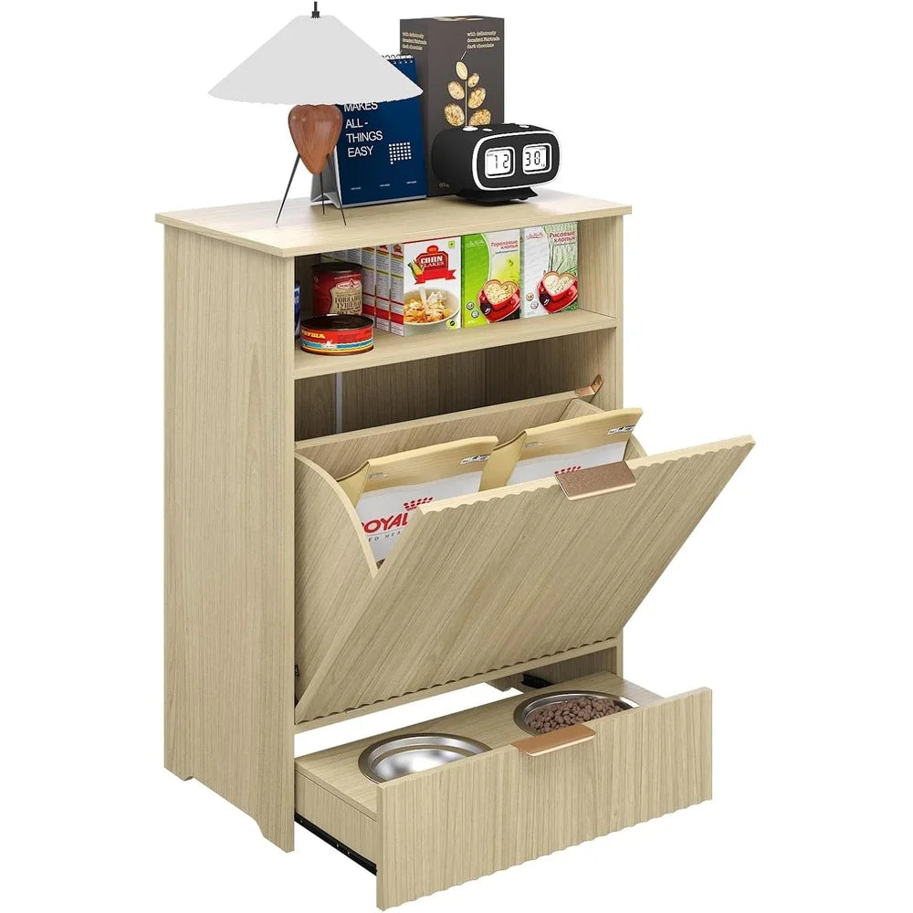 Elegant Dog Feeding Station with Elevated Bowls Storage Container Tilt-Out Food Cabinet Stylish Pet Feeder Supplies