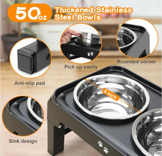 2 Thick 50oz Stainless Steel Food Bowls 4 Height Adjustable Raised Bowl Foldable Pet Rack Dog Food Bowl Feeding Black