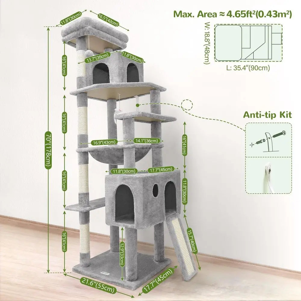 70 Heavy-Duty Indoor Cat Tower, Extra Large Scratch Post with Hammock and Condo, Ideal for Adult and Kitten Cats, Light Grey F70