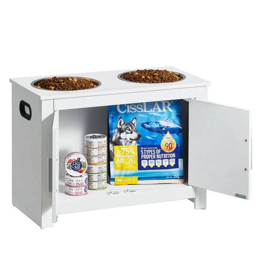 Pet Feeding Station w/ 2 Elevated Dog Bowls Dog Food and Toy Storage Cabinet