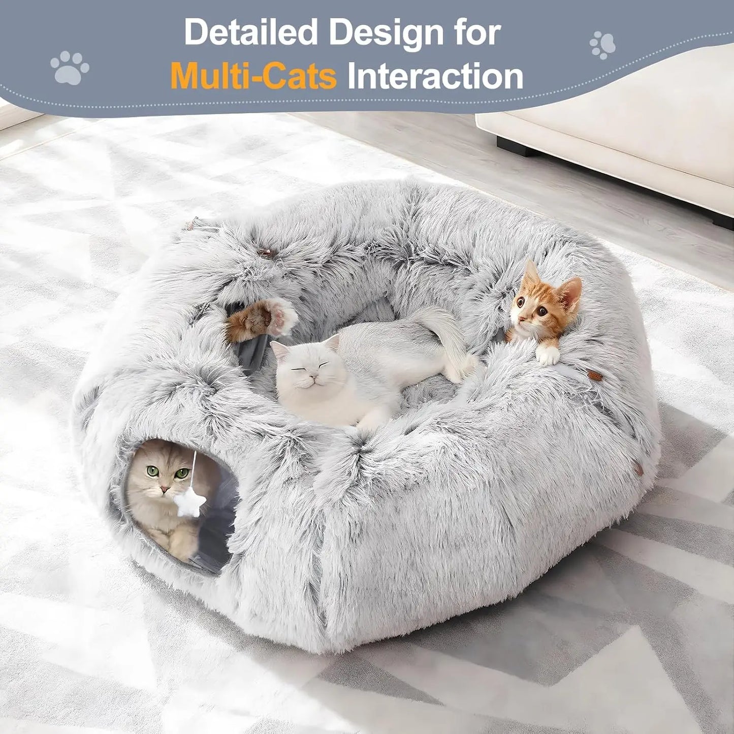 Cat Tunnel Bed – Washable Donut-Style Christmas Tree Skirt for Indoor Cats – Soft & Warm – Grey