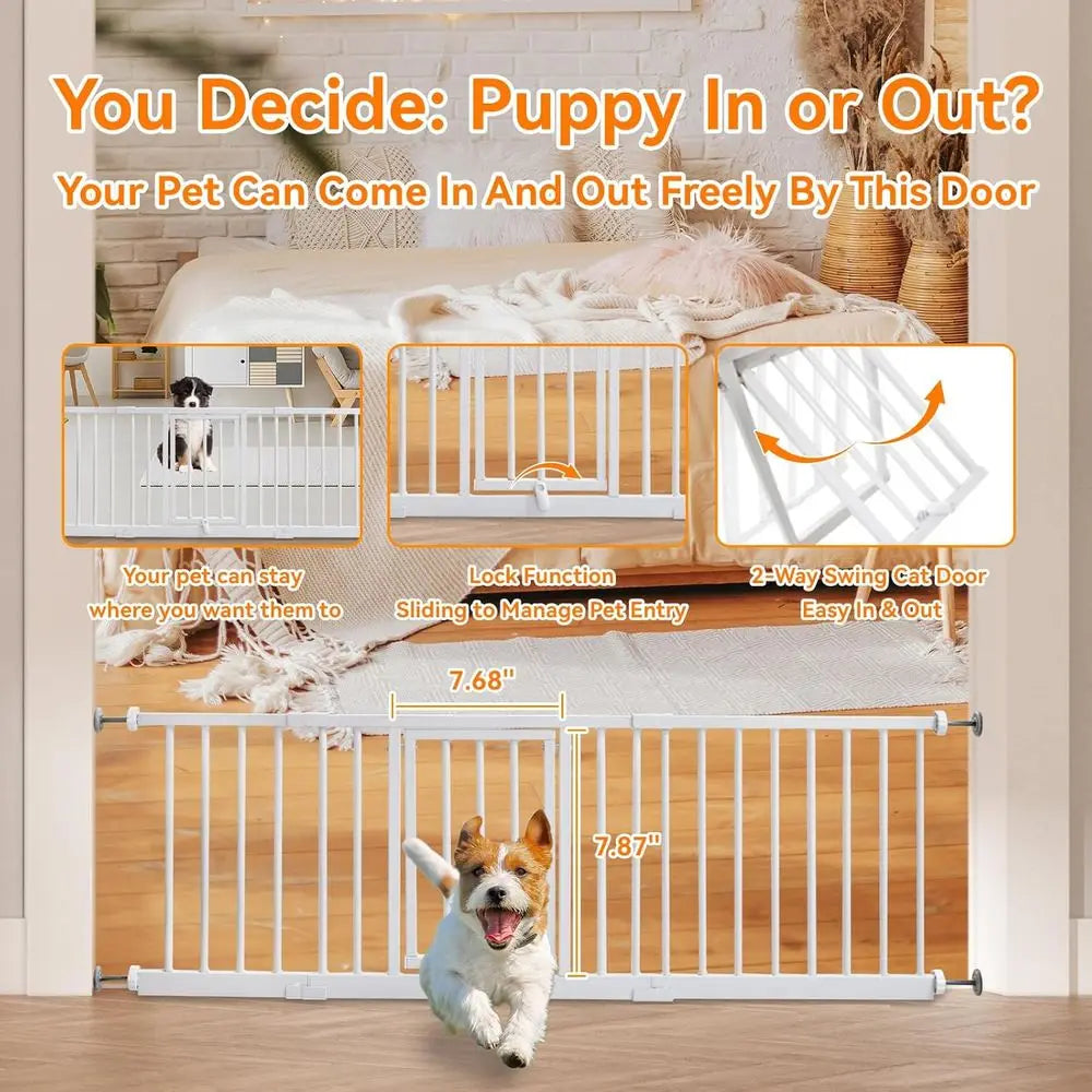 10" Height Short Dog Gate Adjustable18-48" Extra Wide Dog Gate with Small Cat Door,Pet Gate with 4 Extension Kits Pressure Mount