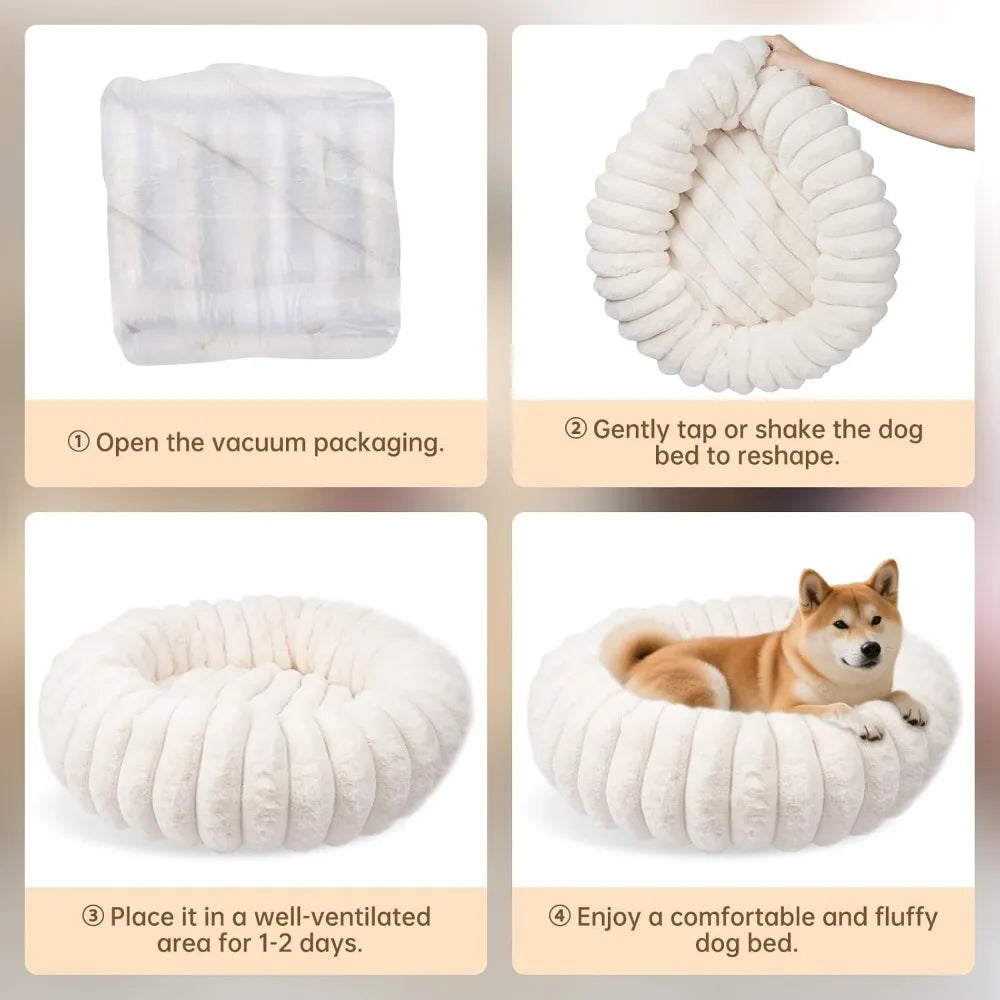 Calming Donut Dog Cat Bed, Anti-Anxiety Fluffy Warm Cozy Round Puppy Bed, Fuzzy Comfort Plush Pet Beds for Small Medium Dogs & C