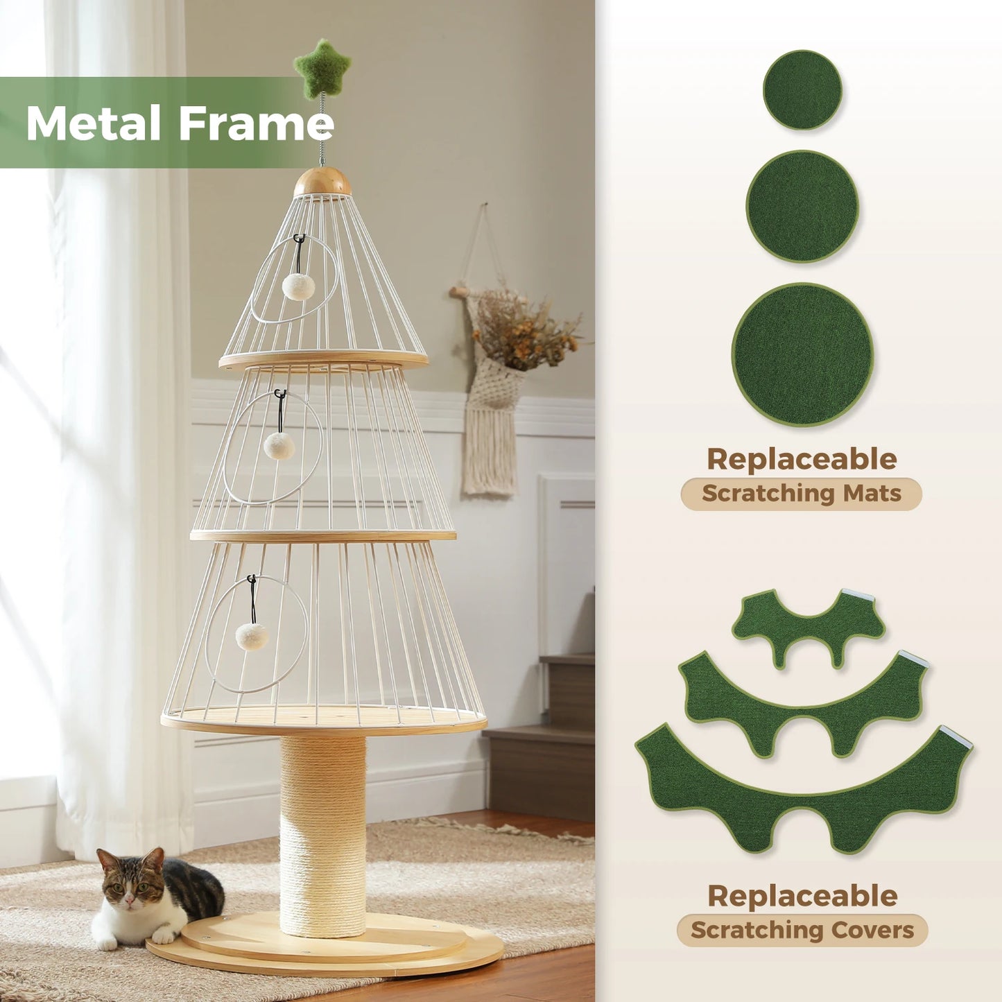 Modern Cat Tree Tower with Thick Scratch Post Multi-Level Cat Condo with Metal Frame Replaceable Cushion Indoor Cat House Bed