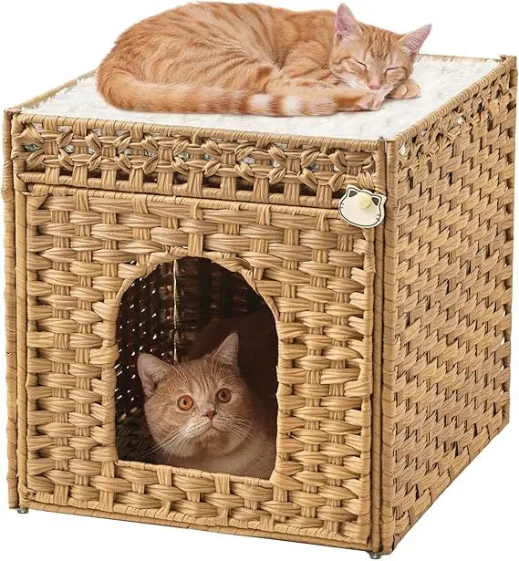 Cat Beds for Indoor Cats Extra Large Double Cat Cave Pet Cube, Handwoven Rattan Cat Houses with Double-Sided Soft Cushions, 18.5