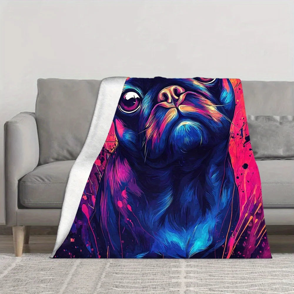 1pc Black Pug Dog Print Flannel Throw Blanket - Soft Cozy All-Season Neon Pug Art with Pink/Purple/Blue/Pink/Pink/Purple/Pink/Pi
