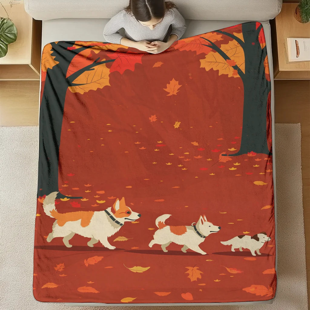 1pc JIT+ Animal Print Flannel Throw Blanket, Autumn Dogs Walking Design, Soft & Warm Polyester, Digital Print, Envelope Stitch