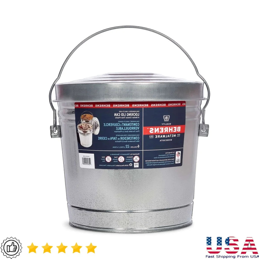 Galvanized Steel Locking Lid Storage Can 6-Gallon Heavy Duty Metal Container Pet Food Livestock Bird Seed Charcoal Garden Use