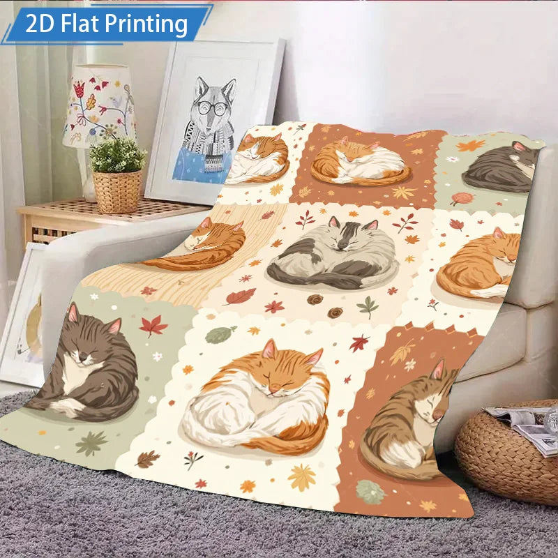 1pc Flannel Blanket Cute Sleeping Cats Blanket Autumn Leaves Pattern Soft Cozy Throw for Couch Bed Home Decor