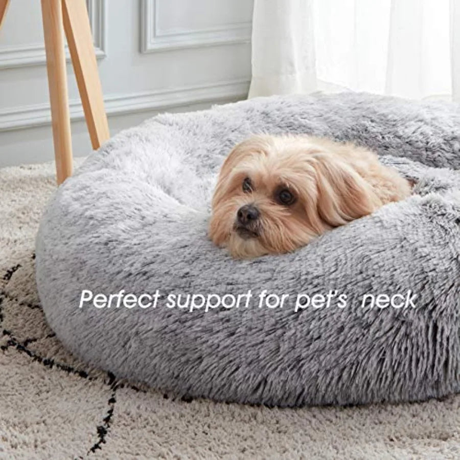 Calming Soft Round Dog Cat Bed AntiAnxiety Donut Cuddler Warming Cozy Fluffy Faux Fur Plush Cushion Bed for Small Medium Dogs a