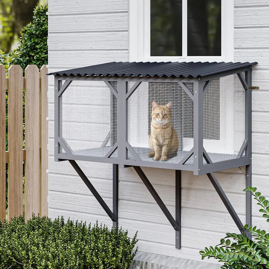 Cat Window Box, 43.3" Catio Outdoor Cat Enclosure for Sunbathing, Napping & Overlooking, Sturdy Window Perch for Large Indoor C