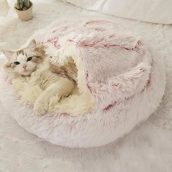 Faux Fur Donut-Shaped Hooded Warm Cat Bed with Plush Comfort for Cozy Resting