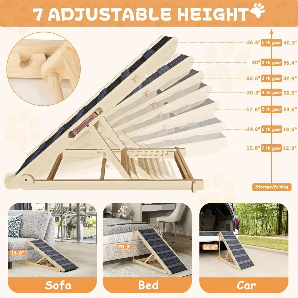 Dog Ramp for Bed, Folding Wooden Pet Ramp for Small Large Dogs Cats, 7 Adjustable Height from 10.8" to 26.6", Portable Stable Do