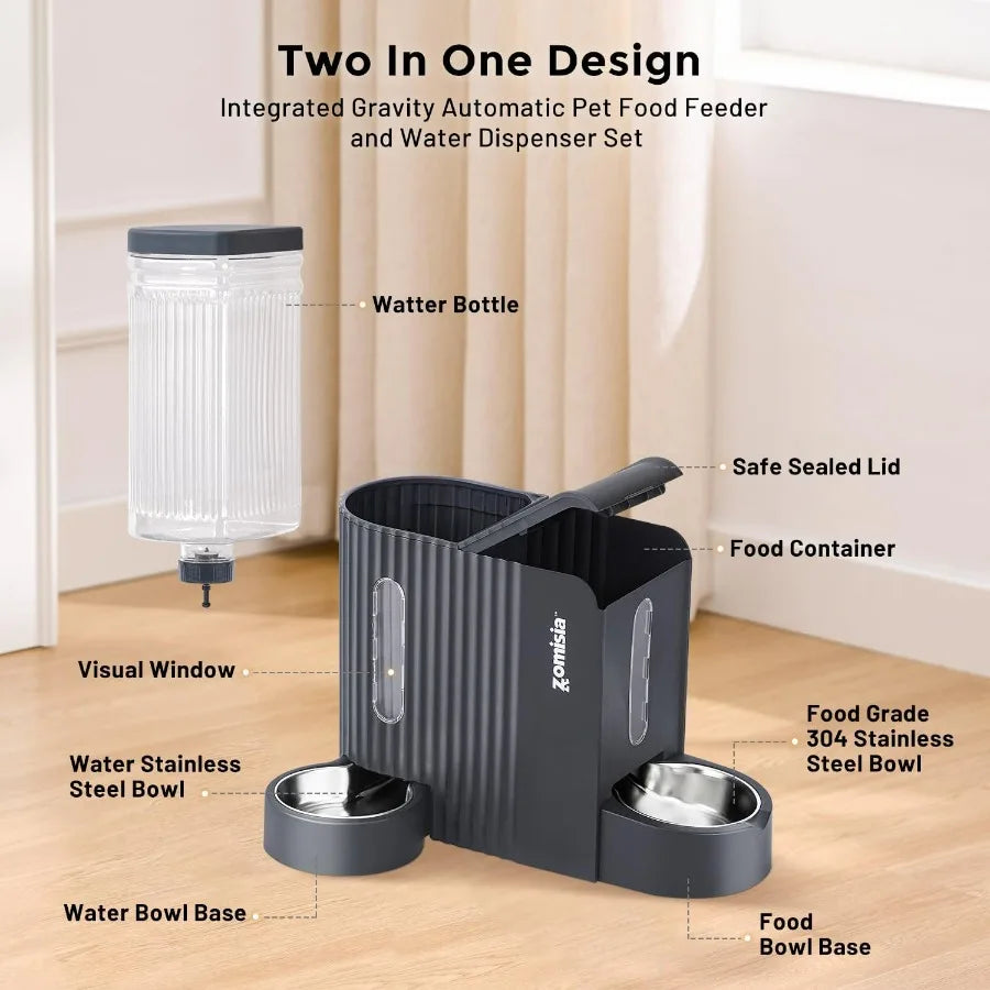 2 in 1 Automatic Gravity Cat Feeder and Water Dispenser with 304 Stainless Steel Bowls 180 Degree Rotatable Water Bowl for Cont