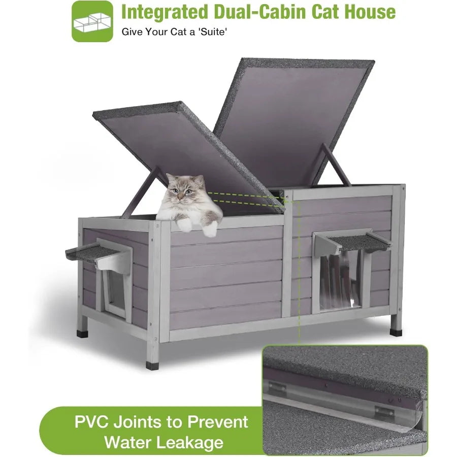 Heated Cat House for Outside Insulated Cat House Outdoor Weatherproof with Bite-Resistant Wires Electric Heating Mat 2 Access D