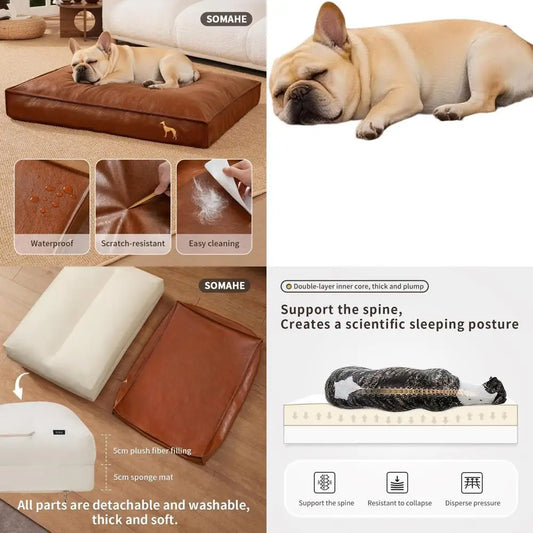 Orthopedic Dog Bed for Medium & Small Dogs - Removable, Washable PU Leather Cover, Waterproof, Brown, 27.5x19.6x4