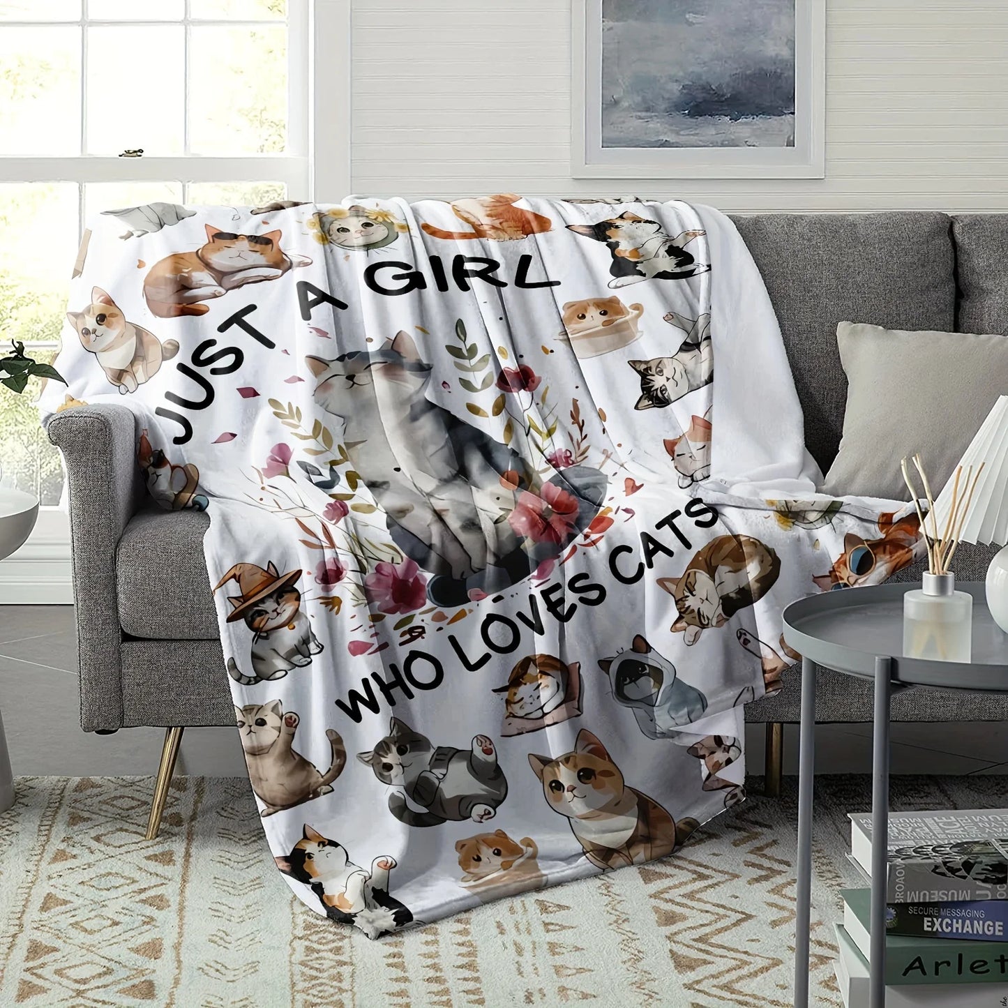 1pc Cozy Flannel Blanket with Adorable Cat & Dog Design – Soft, Warm, and Tear-Resistant Throw for Sofa, Bed, or Office – Perfec