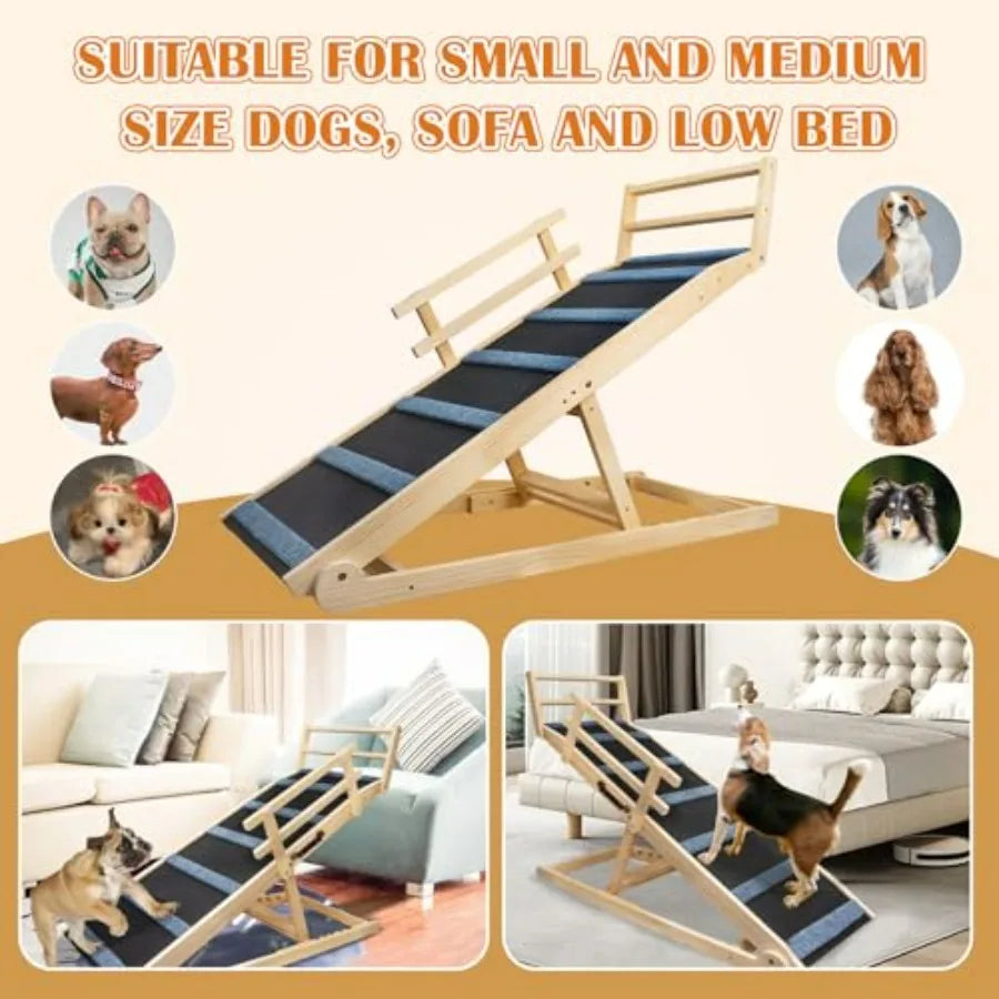Wooden Dog Ramp for Bed 5 Level Adjustable Ramp for Dog Doulbe AntiSlip Pet Ramp with Rails