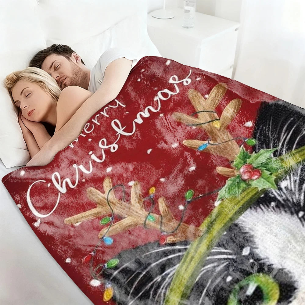 Merry Christmas Cat Reindeer Antlers Fleece Blanket Soft Cozy Festive Throw for Couch Bed Dorm Camping Office Holiday Gift