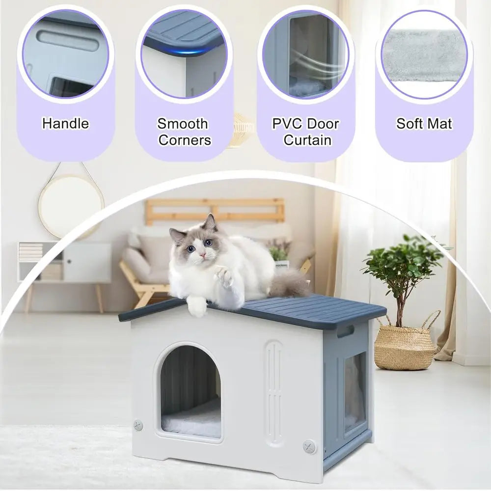 Weatherproof Indoor/Outdoor Plastic Cat House with Escape Hatch, Soft Mat, and Easy Assembly - Grey