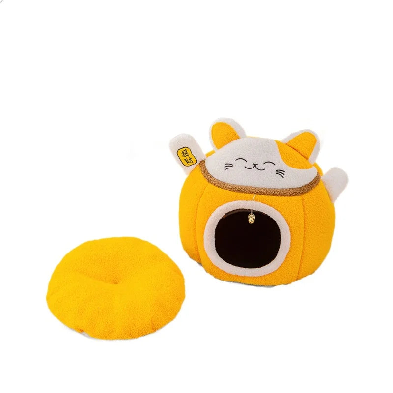 Lucky Fortune Cat Pet Bed - Winter Warm Semi-Open Fleece Round Bed for Cats & Dogs | Cozy Lucky Pet House, Soft Cushioned Kennel
