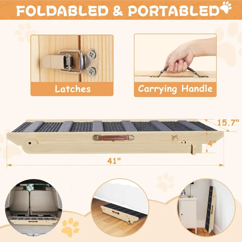 Dog Ramp for Bed, Folding Wooden Pet Ramp for Small Large Dogs Cats, 7 Adjustable Height from 10.8" to 26.6", Portable Stable Do