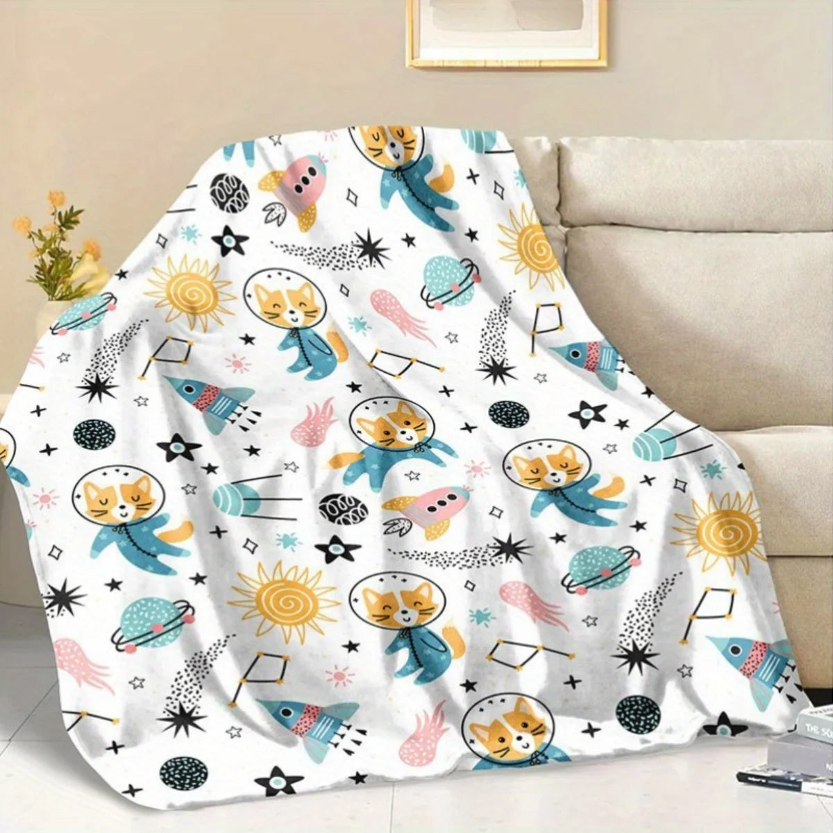 1 fluffy space cat and rocket print flannel blanket - warm and cozy, perfect for sofas, offices, beds, camping, and Christmas.