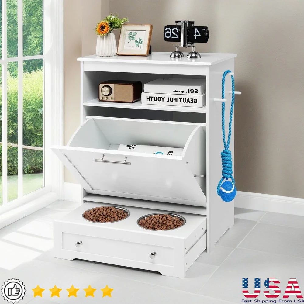 32 Inch Elevated Dog Feeder Station with Stainless Steel Bowls Pet Food Storage Cabinet Pull Out Drawer Hooks Organization