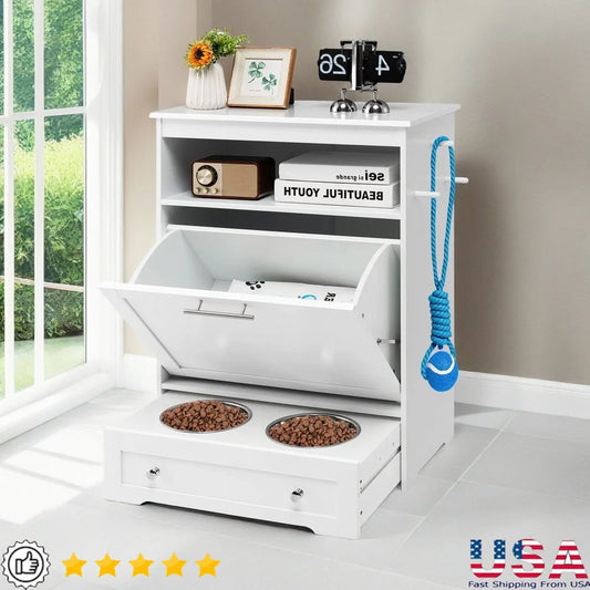 32 Inch Elevated Dog Feeder Station with Stainless Steel Bowls Pet Food Storage Cabinet Pull Out Drawer Hooks Organization