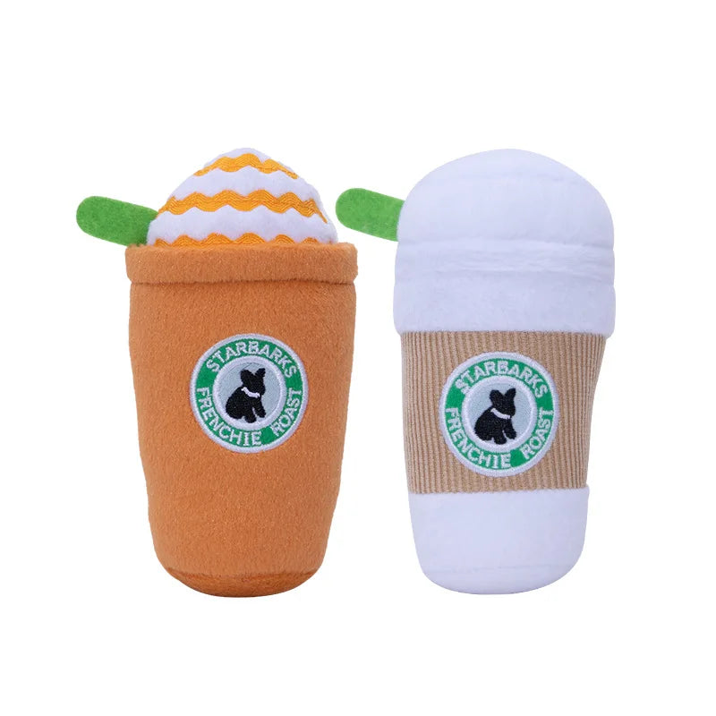 Pet Dog Cat Plush Chew Squeaky Dog Toy Coffee Cup Design Fleece Durable Chewing Interactive Pet Molar Toy Play Dog Accessories