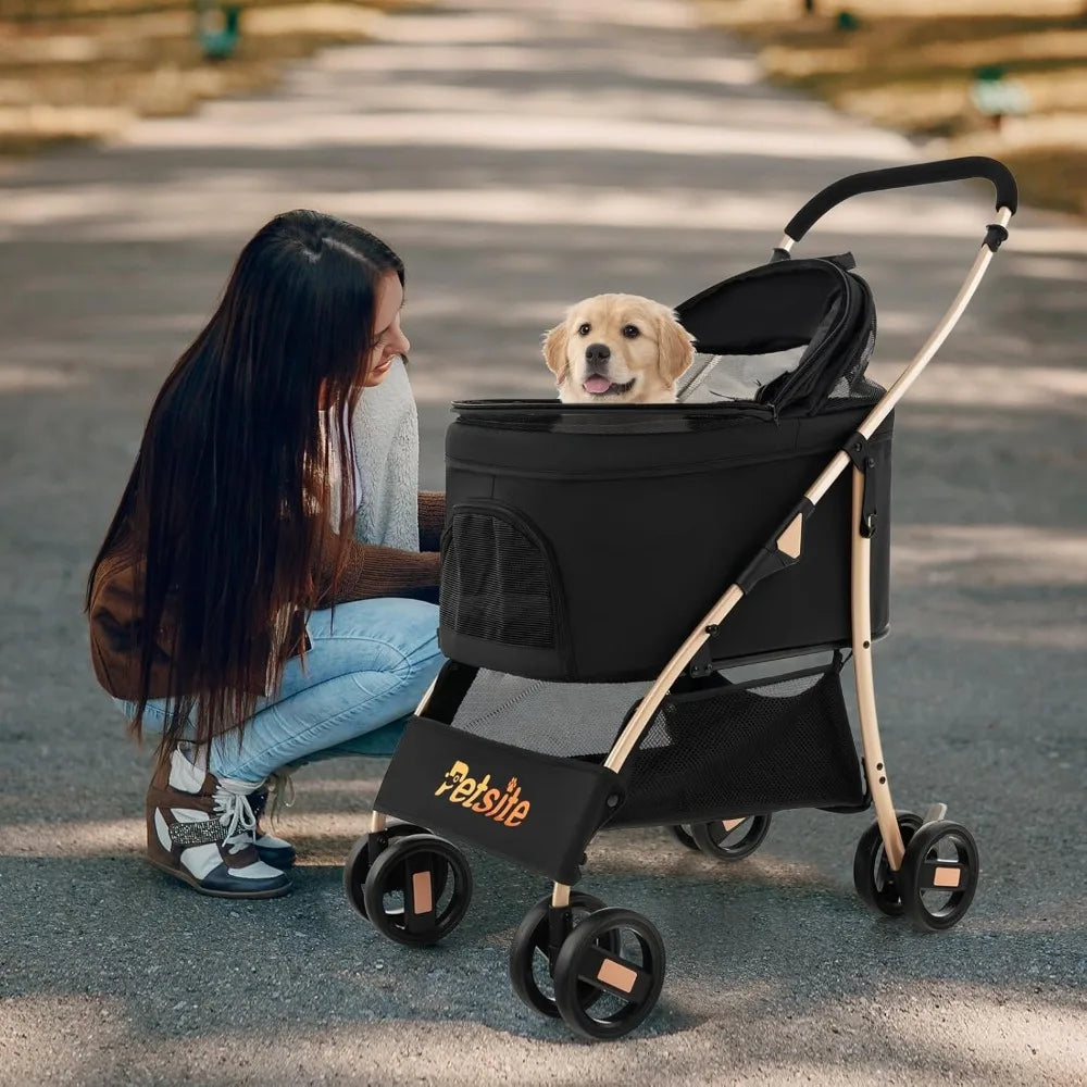 3-in-1 Pet Stroller, Portable Folding Dog Cat Stroller with Removable Car Seat Carrier, Adjustable Canopy, Zippered Mesh