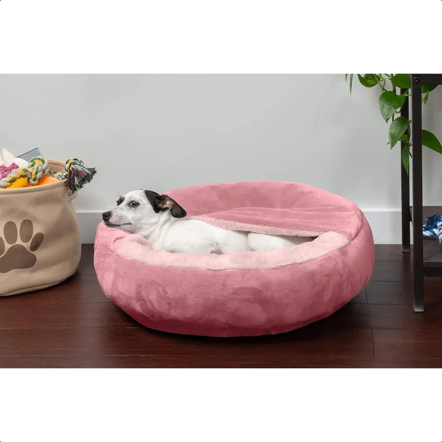 24 Round Calming Donut Dog Bed for Indoor Cats Small Dogs Washable For Dogs Up to 20 lbs Plush Veet Waves Hooded Donut Bed Rose