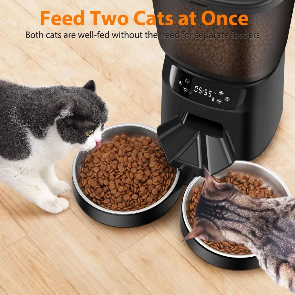 Automatic Cat Feeders for Two Cats, 5L/20 Cups Double Automatic Cat Food Dispenser with 2 Stainless Bowls, Timer Setting 20 Port
