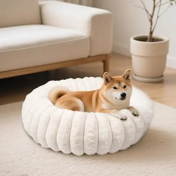 Calming Donut Dog Cat Bed, Anti-Anxiety Fluffy Warm Cozy Round Puppy Bed, Fuzzy Comfort Plush Pet Beds for Small Medium Dogs & C