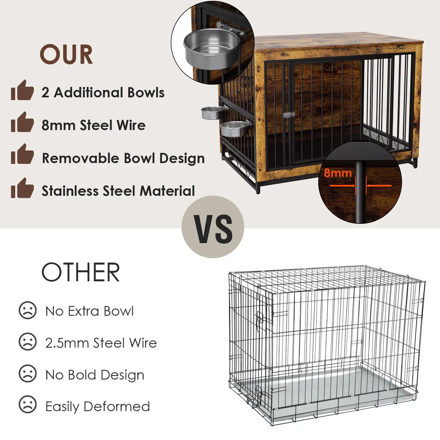 Furniture Style Dog Crate,Wooden Heavy Duty Dog Kennel with Adjustable Raised Feeder for Dogs 2 Stainless Steel Bowls Brown/Gray
