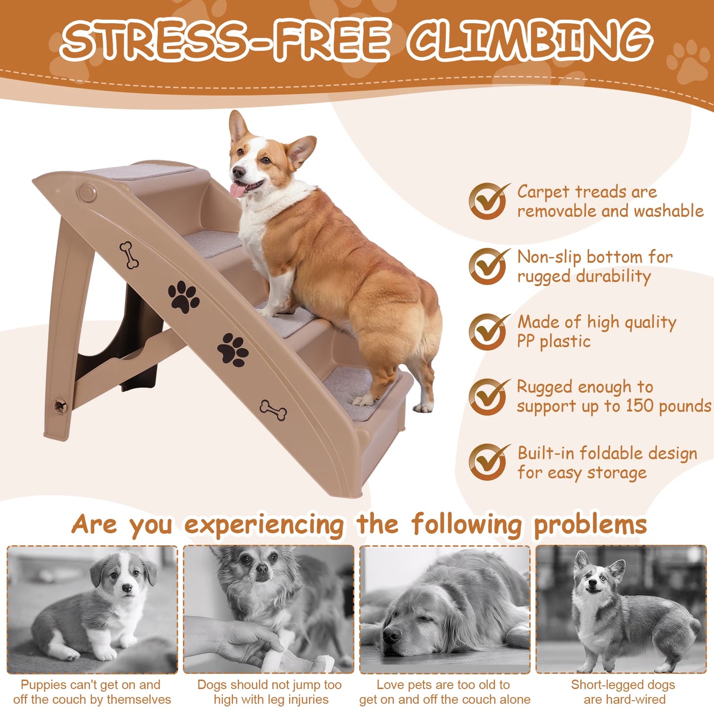 4-Step Pet Dog Stairs Foldable Cat and Dog Steps Nonslip Indoor Pet Steps Dog Stairs Ramp Sofa Ladder for Small Pet Dogs Cats