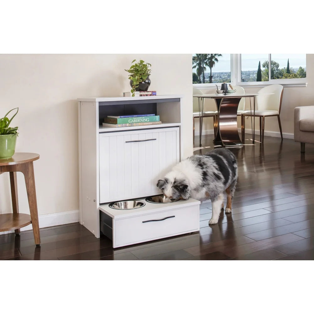 Eco-Friendly Dog Food Pantry with Double Stainless Steel Bowls Space Saving Design Holds 25 lbs Dry Food Easy Assembly Hygienic